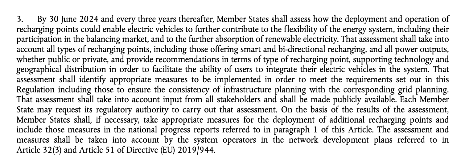 Article 15(3) of the AFIR, which requires Member States to assess the flexibility of electric vehicles and how the deployment and operation of charging points enables this.