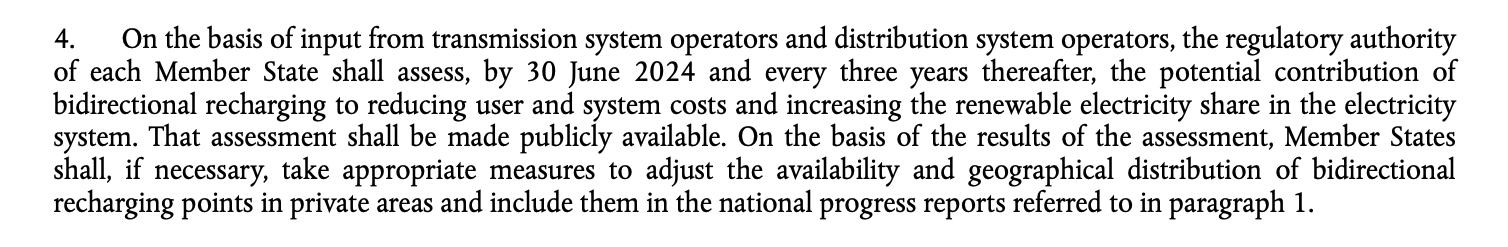 Article 15(4) of the AFIR on assessing the potential of bi-directional charging to reduce user and system costs and boost renewable energy.