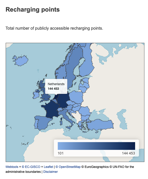 Map indicating the number of publicly accessible recharging points